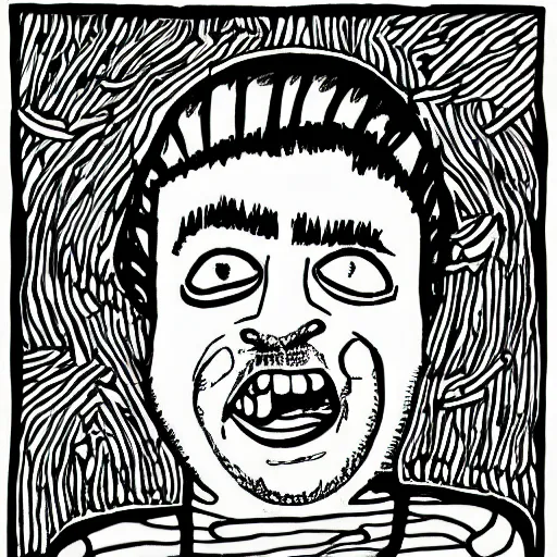 Image similar to daniel johnston in the style of daniel johnston and outsider art, acid, minimal, thick black lines, line brush, 4k