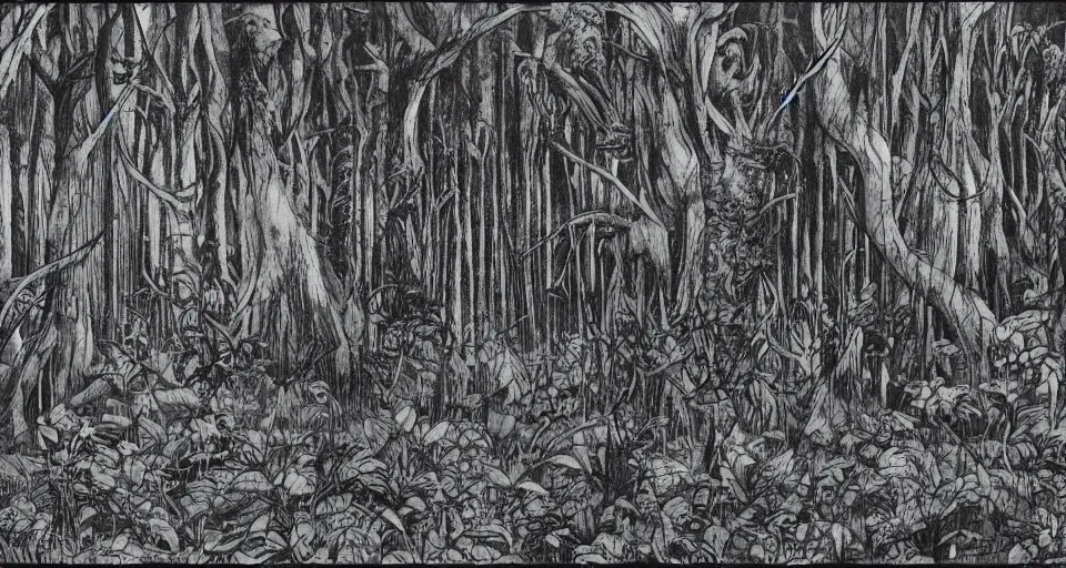 Image similar to A dense and dark enchanted forest with a swamp, by Yoshihiro Togashi