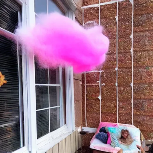 Image similar to the house is filled with cotton candy, large pieces of cotton fall out of the windows, people are shocked looking at it, sunny weather, super realistic picture, trending on news