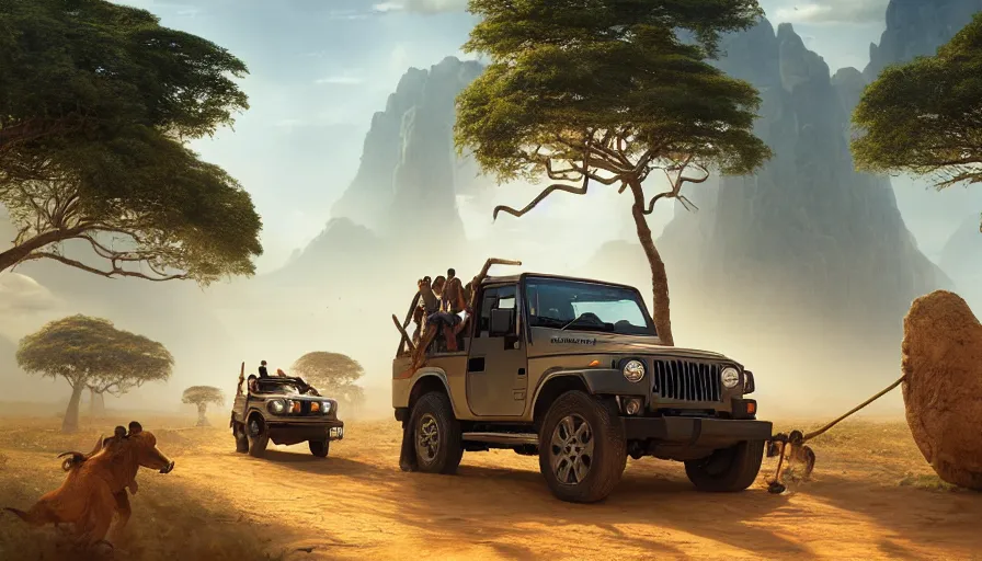 Image similar to mahindra thar driving through madagascar with baobabs trees, tribe members chasing for an attach, action scene, artgerm and greg rutkowski and alphonse mucha, an epic fantasy, volumetric light, detailed, establishing shot, an epic fantasy, trending on art station, octane render, midsommar