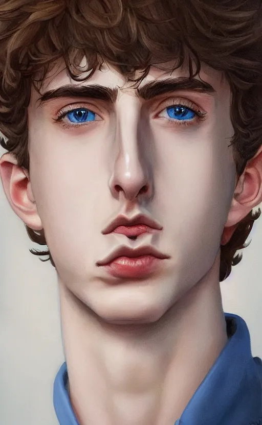 Image similar to portrait of a masculine 3 0 year old empeoror with thin face lines like timothee chalamet, have mi - long brown hair and blue eyes ( completely blue, without white, just blue ), very beautiful portrait, low angle, realistic anime style and perfect art, trending on artstation, good and dramatic lighting