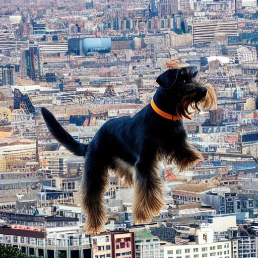 Image similar to a zwerg schnauzer flies over the city in a super cape