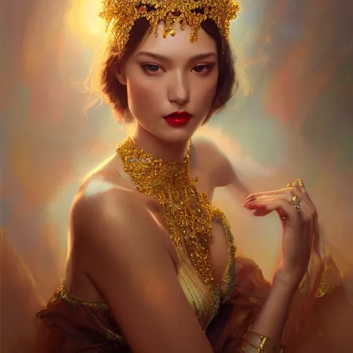 Prompt: expressive oil painting, of alluring european princess, seductive look, smooth glowing skin, glistening body, love, adoration, ornate headpiece made from beads, glamour shot, by yoshitaka amano, by greg rutkowski, by jeremyg lipkinng, by artgerm, digital art, octane render, blue dress