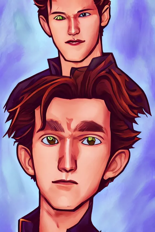 Image similar to an in game portrait of tom holland from hades, art by jen zee.