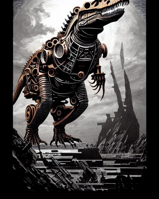 Image similar to a steampunk cyborg t - rex dinosaur, high details, symmetry, bold line art, by vincent di fate and joe fenton, inking, etching, screen print, masterpiece, trending on artstation, sharp, high contrast, hyper - detailed,, hd, 4 k, 8 k