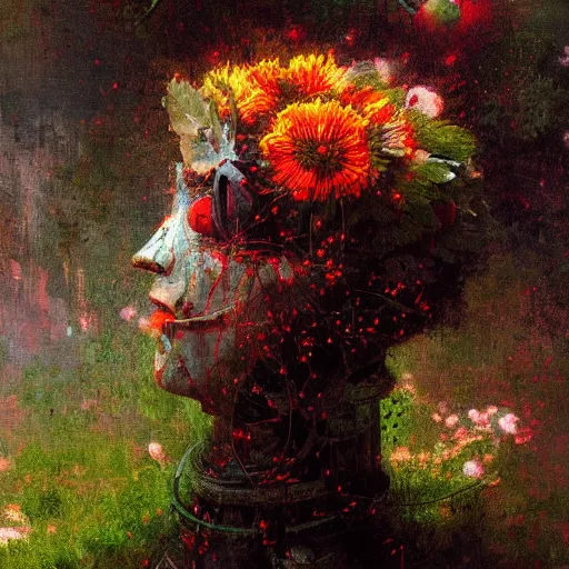 Prompt: a painting by thomas cole of a robot head with flowers growing out, highly detailed, color bleeding, pixel sorting, brushstrokes by jeremy mann
