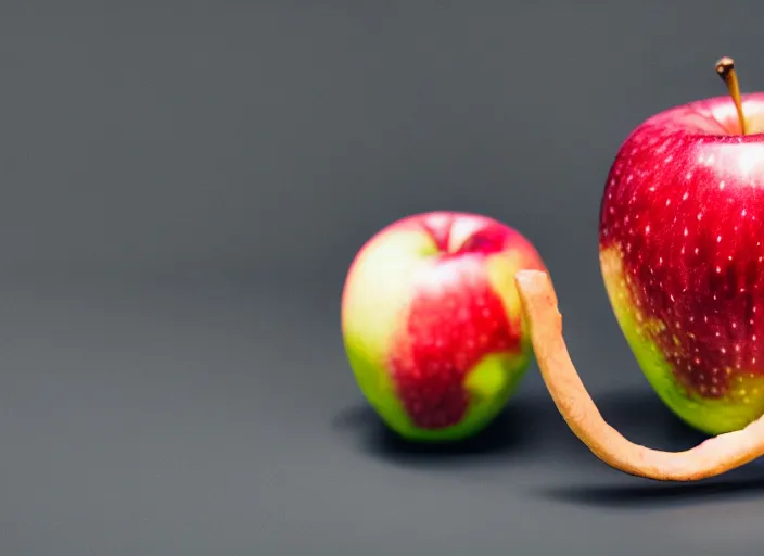 Image similar to photo still of an apple with human teeth, 8 k, studio lighting bright ambient lighting key light, 8 5 mm f 1. 8