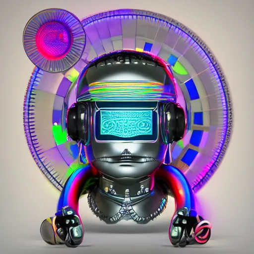 Prompt: mockup of a tshirt with a chrome statue of a steampunk futuristic robot head wearing brain sensors with multicolored tubes and a headset, 8 k, front shot, symetrical, flourescent colors, halluzinogenic, multicolored, insanely detailed, front shot, 3 d render, octane