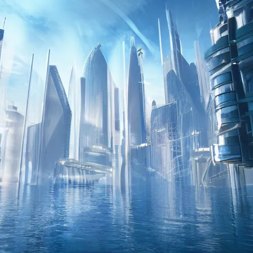 Prompt: an expansive futuristic cityscape underwater