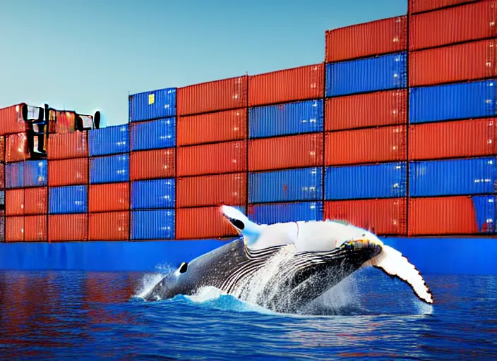 Prompt: a happy whale in front of a huge stack of containers at the port, intricate details, photo realistic octane render