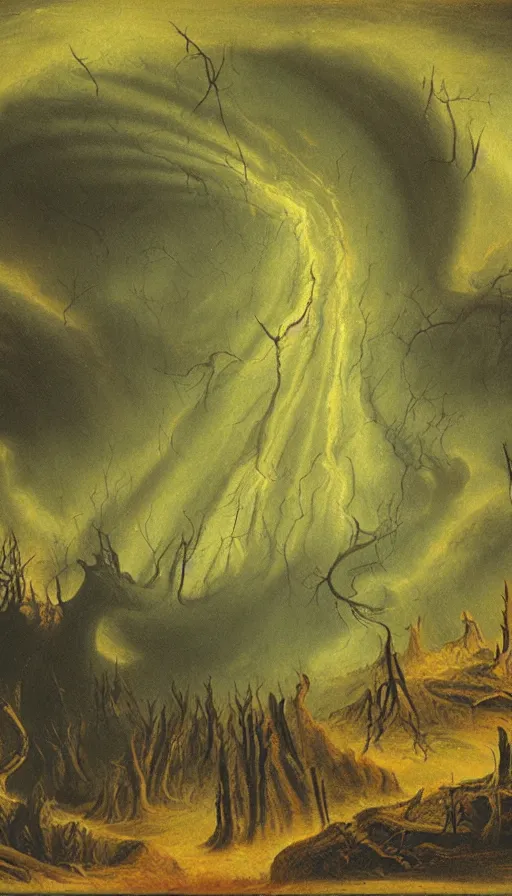 Prompt: a storm vortex made of many demonic eyes and teeth over a forest, by john martin