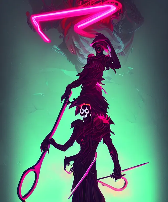 Image similar to a portrait of a neon grimm reaper holding a single scythe, fantasy, elegant, digital painting, artstation, concept art, matte, sharp focus, illustration, art by josan gonzalez