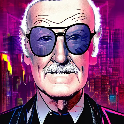 Prompt: cyberpunk stan lee as the leader of a futuristic communist nation, cybernetics, sharp lines, digital, artstation, colored in