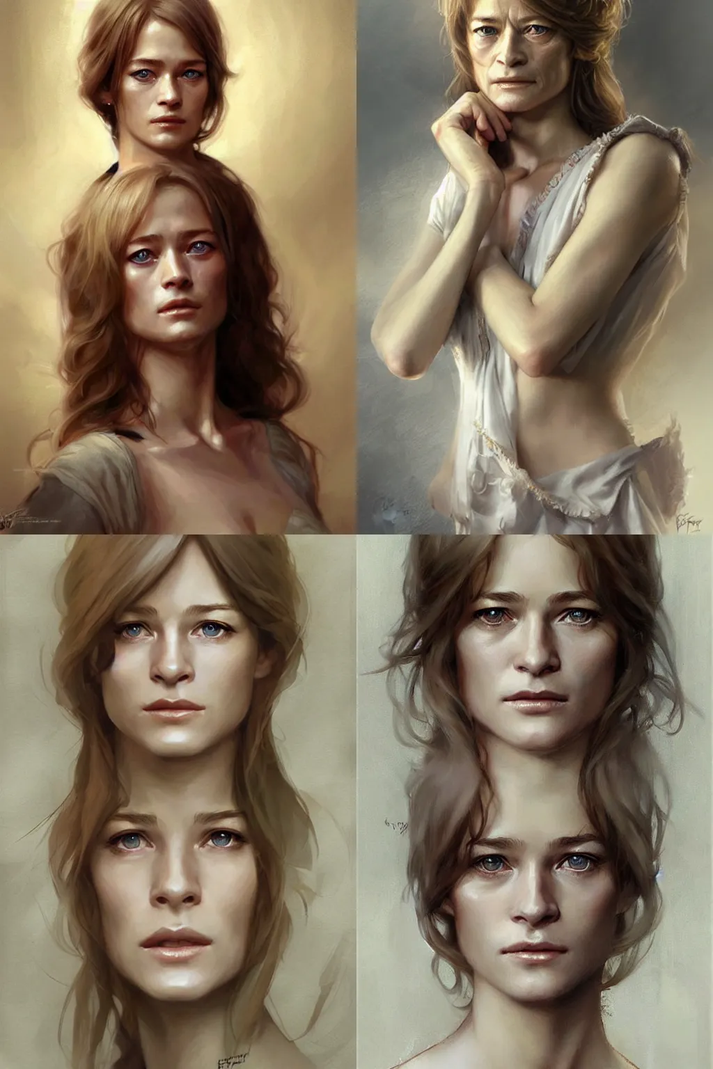 Prompt: beautiful very detailed portrait of !young charlotte rampling!, HYPER REALISTIC, by krenz cushart and mucha and trnyteal and ra-lilium