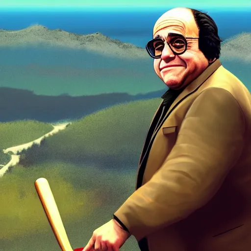 Image similar to Danny Devito at the top of a mountain, scenic view, holding a baseball bat!!, digital art, gta 5 cover art, trending on artstation