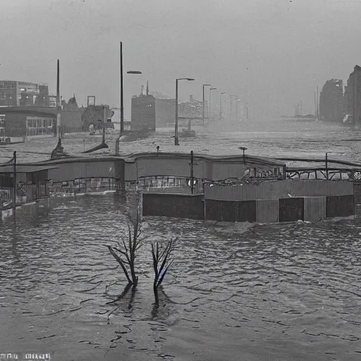 Prompt: a 1940s photograph of a city underwater