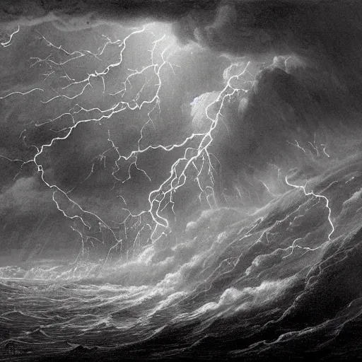Prompt: drawing close up of large pepe the frog fighting lightning storm above a stormy ocean, by gustave dore, nineteenth century, black and white, vintage, science fiction, epic composition, dramatic lighting, highly detailed.