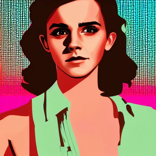 Image similar to a closeup of emma watson, in retro colors, synthwave style, 2 d digital vector art