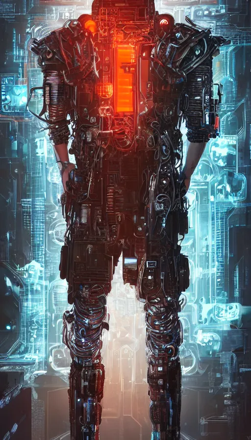 Image similar to full body head to toe portrait of a cyberpunk sci-fi cyborg netrunner bionic man, third person, D&D, sci-fi fantasy, matrix , intricate, black with shiny silver and orange fringe highlights, highly detailed, art by Range Murata, highly detailed, 3d, octane render, bright colors, digital painting, trending on artstation, sharp focus, illustration style of Stanley Artgerm, dramatic background