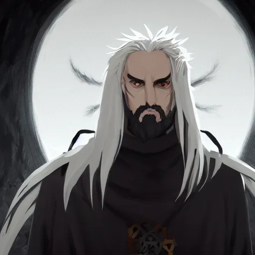 Image similar to a man with spiky white hair and yellow eyes, wearing a black cultist robe, medieval background, highly detailed, digital painting, artstation, matte, by makoto shinkai, animation style, studio ghibli, anime key visual