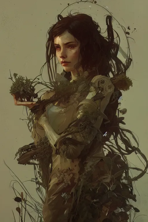 Image similar to A full portrait of a beautiful post apocalyptic offworld botanist, intricate, elegant, highly detailed, digital painting, artstation, concept art, smooth, sharp focus, illustration, art by Krenz Cushart and Artem Demura and alphonse mucha