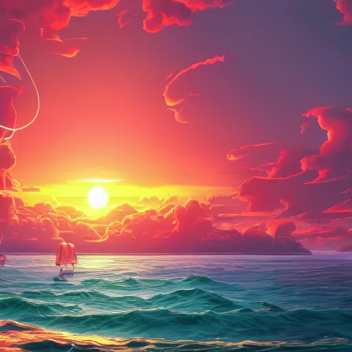 Image similar to sunset landscape ocean album cover, cartoon digital painting, detailed, beautiful brush stroke rendering, by beeple, by hayao miyazaki, by takashi murakami, by masahiro ito, 4 k wallpaper