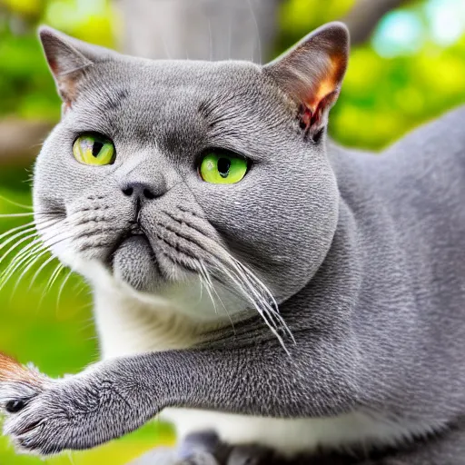 Image similar to A British Shorthair cat chasing a squirrel in a tree, realistic, close up, 8k, ultra high detail.