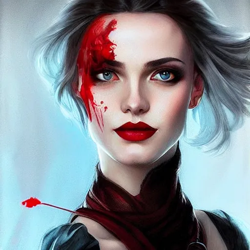 Prompt: “ daria strokous as a movie femme fatale, smiling, with blood red lips, intricate, elegant, highly detailed, digital painting, artstation, concept art, smooth, sharp focus uhd 8 k, art by artgerm and greg rutkowski and alphonse mucha ”