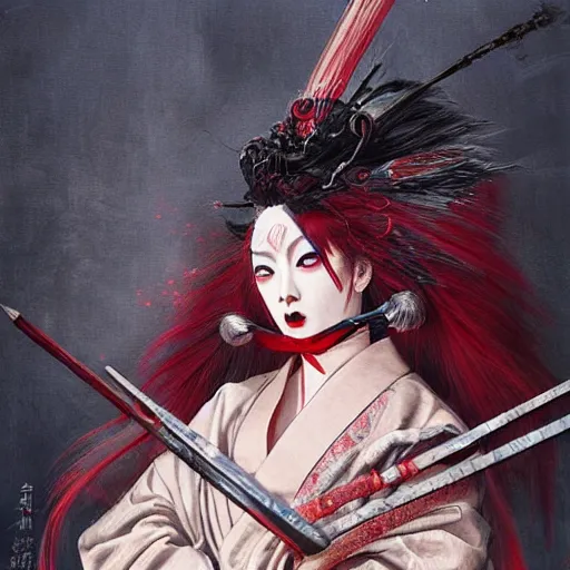 Image similar to an epic portrait of insane kabuki wielding a spear, magical aura of insanity, intricate hakama, poofy red wig, eerie, highly detailed, dark fantasy, art by artgerm and greg rutkowski