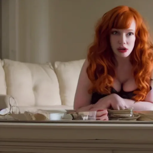 Image similar to amazing beautiful Christina Hendricks with mouth wide open in the living room, film still from the movie directed by Denis Villeneuve , wide lens