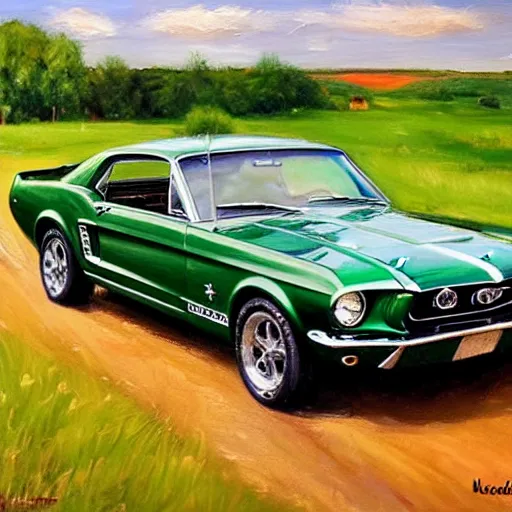 Image similar to green 1967 Ford Mustang GT, Swedish countryside, painting by Vladimir Volegov