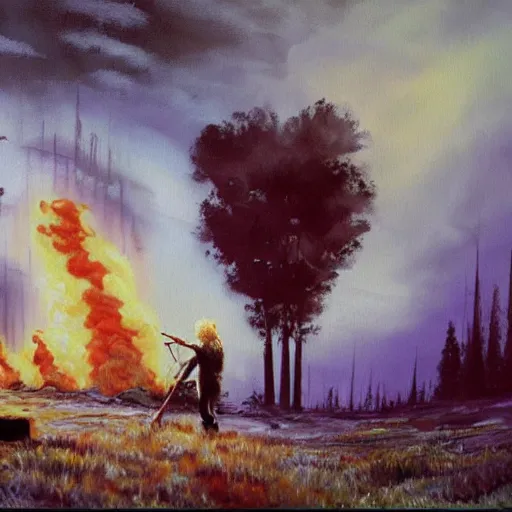 Prompt: bob ross painting a post - apocalyptic scenario