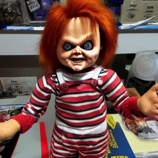 Image similar to Chucky the killer doll for sale at a horror convention