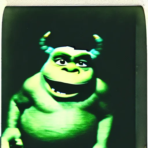 Prompt: 1 9 6 0's old polaroid of monster shrek staring from the depths of the dark gloomy forest, photorealistic, grainy, found footage, old film, low quality, horror, creepy, unsettling, liminal, strangely terrifying