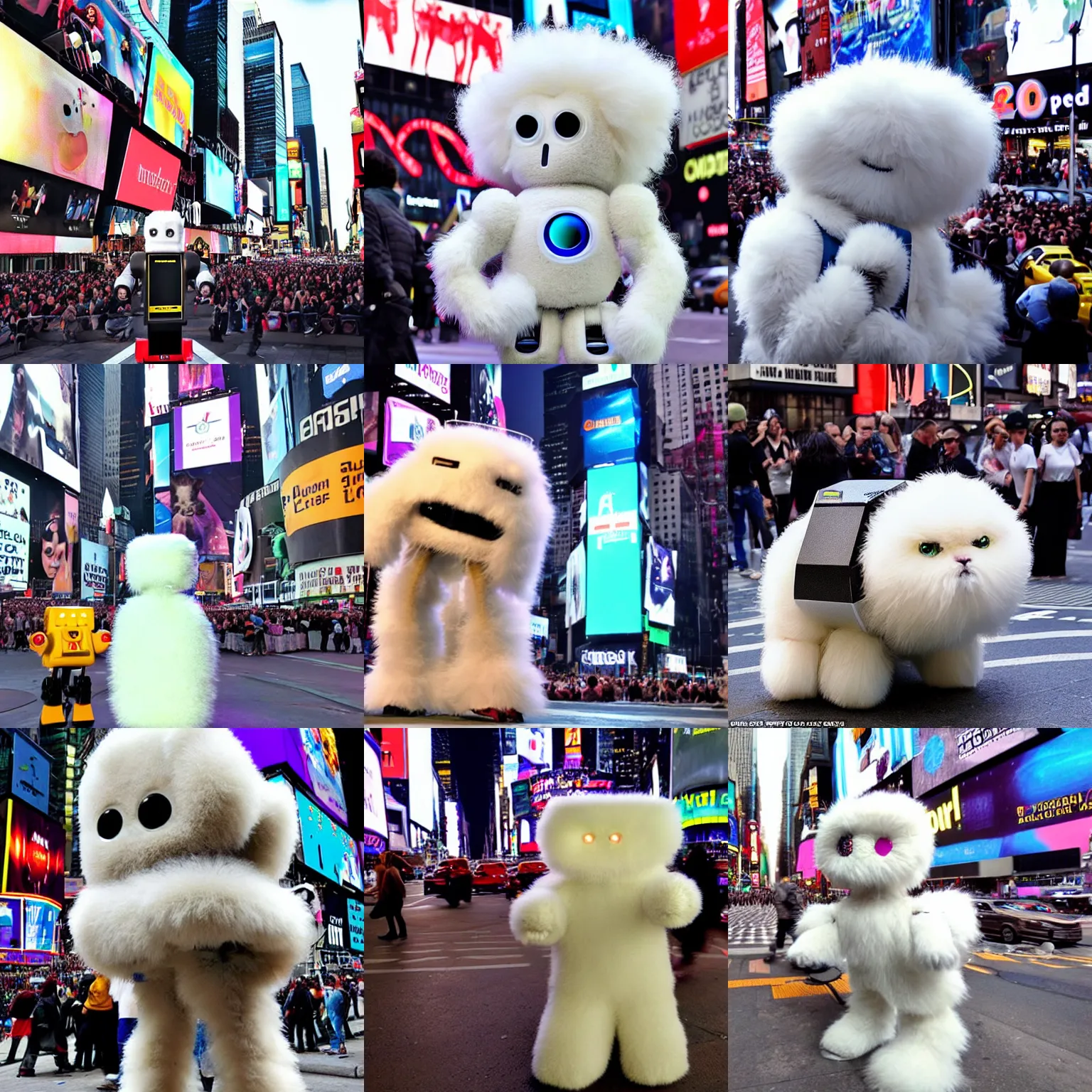 Prompt: <picture quality=hd+ mode='attention grabbing'>A benevolent super intelligent adorable fluffy robot gets high on drugs and attains sentience in the middle of times square</picture>