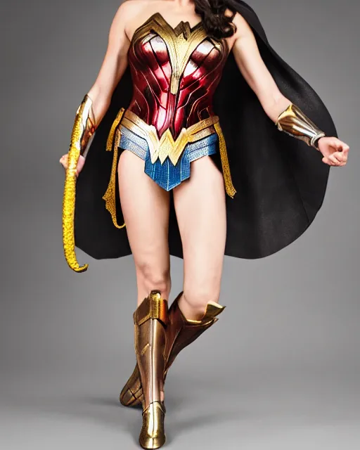 Image similar to full body shots of beautiful actress gal gadot as wonder woman in her golden winged armor - raw, studio lighting, 8 k, photo shoot, 9 inch kershaw soft focus lens f / 5. 6