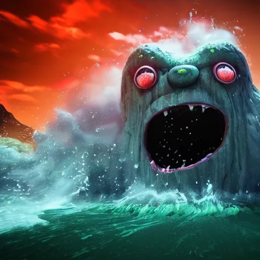 Prompt: the pain is splattered on the sad monster's green face while huge waves crash against him, water sprays into the air, moody night sky, hints of red and yellow, fantasy, unreal engine