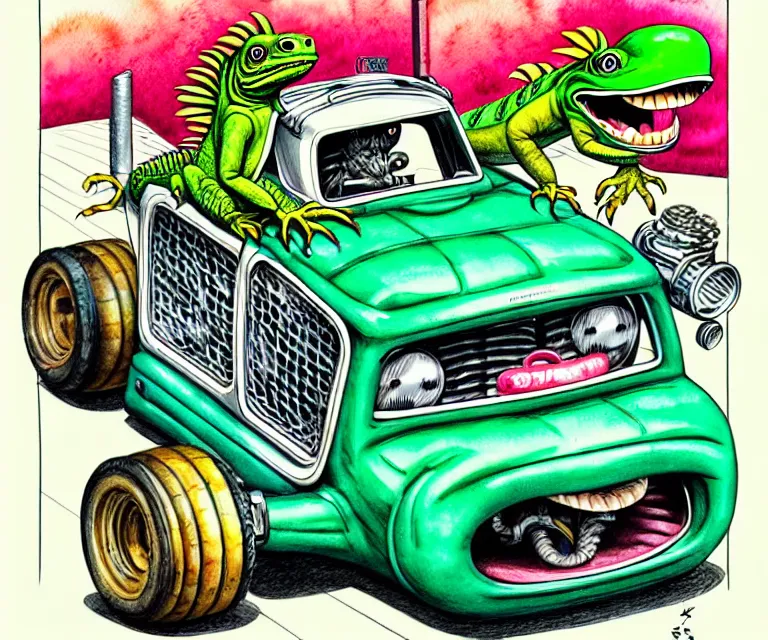 Prompt: cute and funny, iguana, wearing a helmet, driving a hotrod, oversized enginee, ratfink style by ed roth, centered award winning watercolor pen illustration, isometric illustration by chihiro iwasaki, the artwork of r. crumb and his cheap suit, cult - classic - comic,