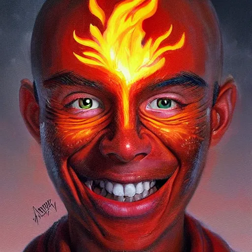 Image similar to a hyper realistic painting of a young fire - man, all face covered with a fire, fire all around him, coherent symmetrical eyes, cunning smile, by jeffrey smith, by andrea kowch, by steve henderson, masterpiece, trending on artstation,