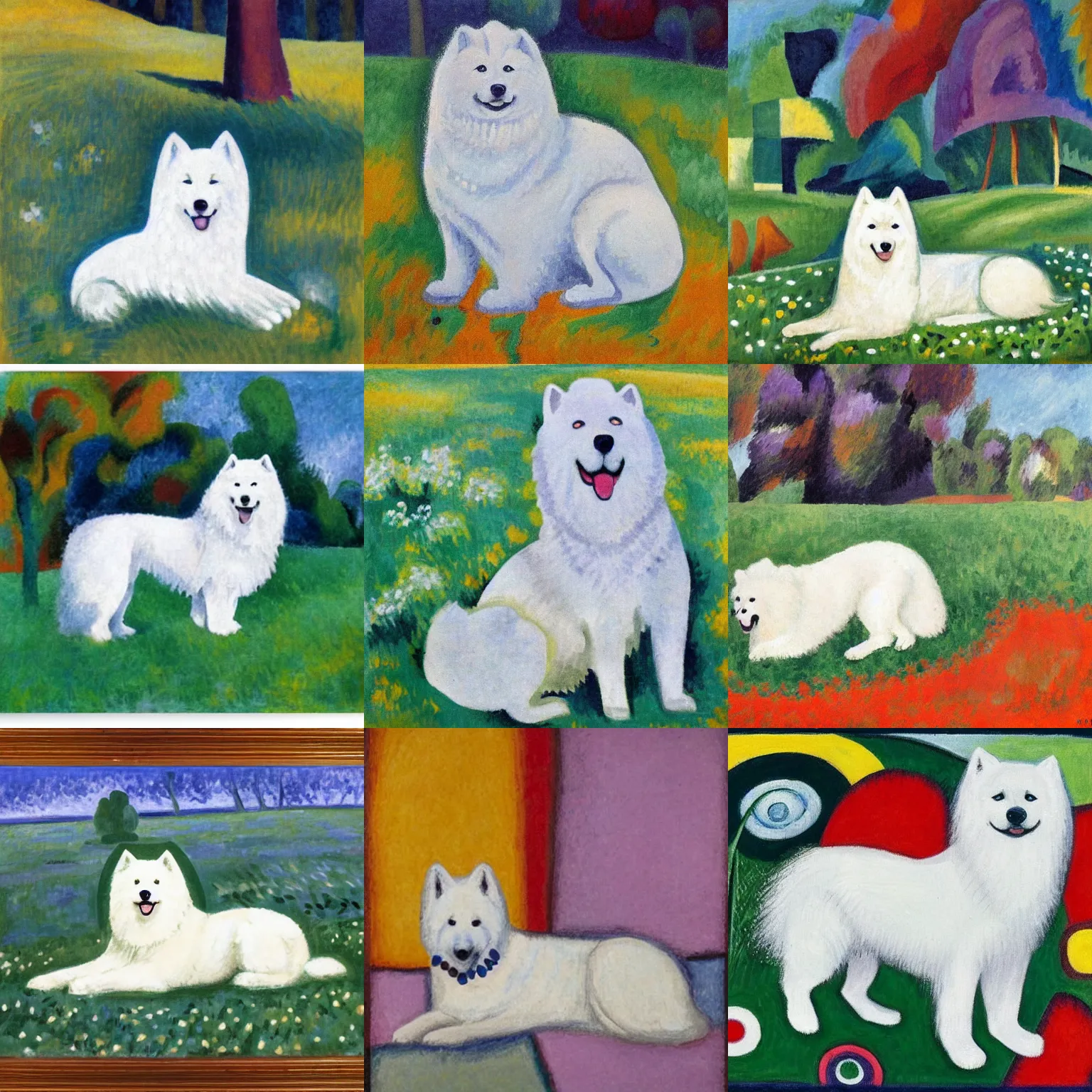 Prompt: a samoyed dog sitting in the middle of sunny meadow, by robert delaunay