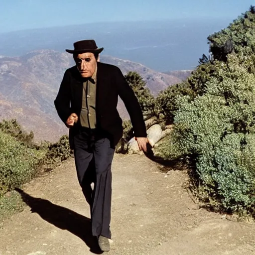 Image similar to still image of detective columbo hiking