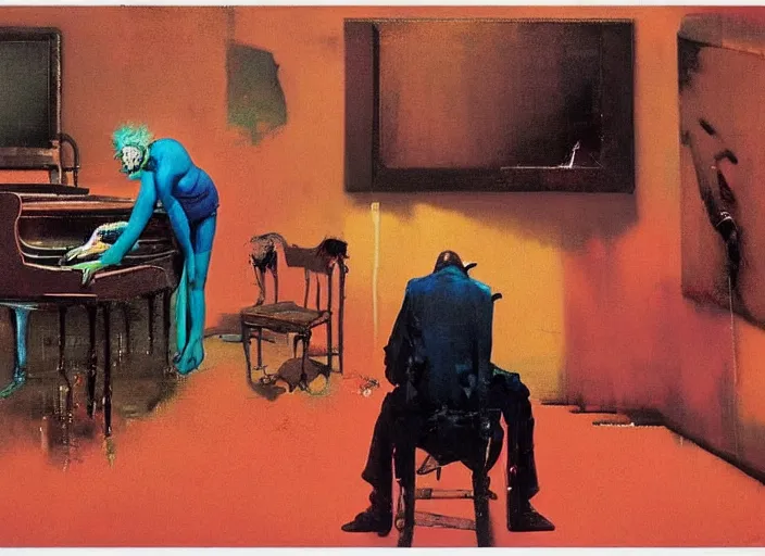 Prompt: a still from the film the pianist, by francis bacon, surreal, norman rockwell and james jean, greg hildebrandt, scene from the movie prometheus, triadic color scheme, by greg rutkowski, in the style of francis bacon and syd mead and edward hopper and beksinski, dark surrealism, orange and turquoise and pink and yellow and blue and red