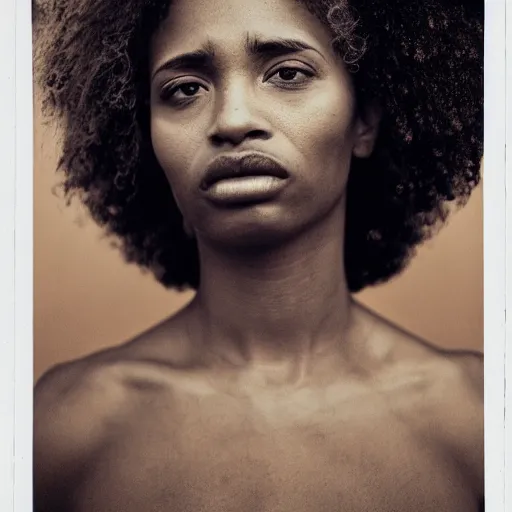 Image similar to portrait, extreme close up, sepia, beautiful light - skin woman, afro hair, stares at the camera, night sky, stars, bruce gilden, leica s, fuji 8 0 0, grainy, low light