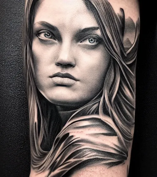 Prompt: amazing blend effect on a beautiful woman face and mighty mountains, tattoo design sketch, hyper - realistic, in the style of matteo pasqualin, amazing detail, black and white