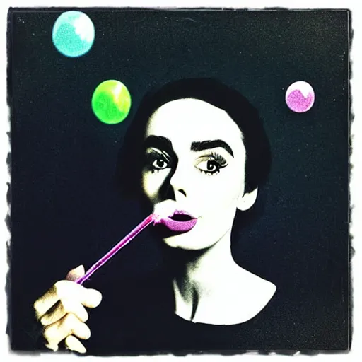 Image similar to “Lilly Collins blowing bubbles artistic Andy Warhol style portrait”