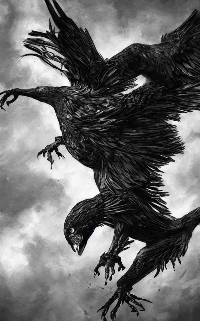 Prompt: mutant hybrid between human and crow, dynamic composition, dramatic lighting, hyperrealistic, ultra detailed