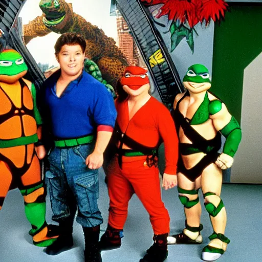 Prompt: teenage mutant ninja turtles on saved by the bell tv show still