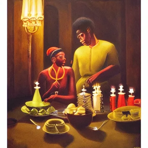 Image similar to dark skinned people eating at a regal buffet ultra detailed beautiful setting elegant event nigerian party minimalist gold ornaments iridescent lighting in the style of edward hooper and henri matisse oil painting