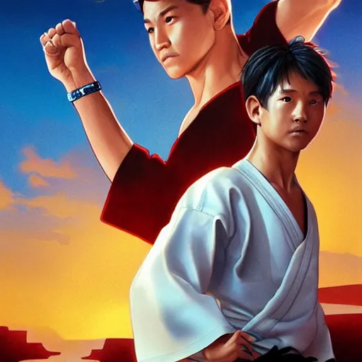 Image similar to karate kid, movie poster, miyagi, intricate, detailed, volumetric lighting, scenery, digital painting, highly detailed, artstation, sharp focus, illustration, artstation, art by artgerm and greg rutkowski and alphonse mucha