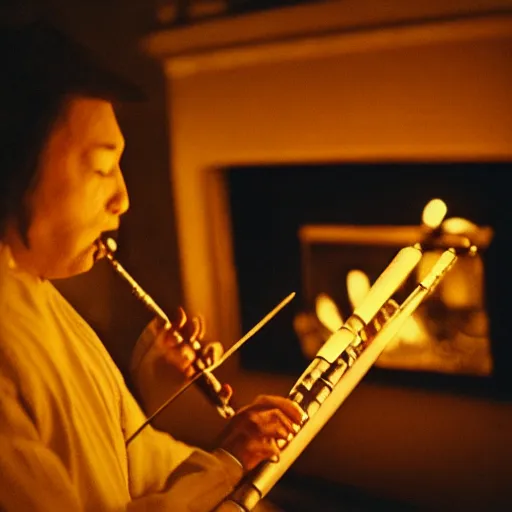 Image similar to a close up portrait of a wizard playing the flute, fireplace lighting, nighttime, kodak vision 5 0 0 t